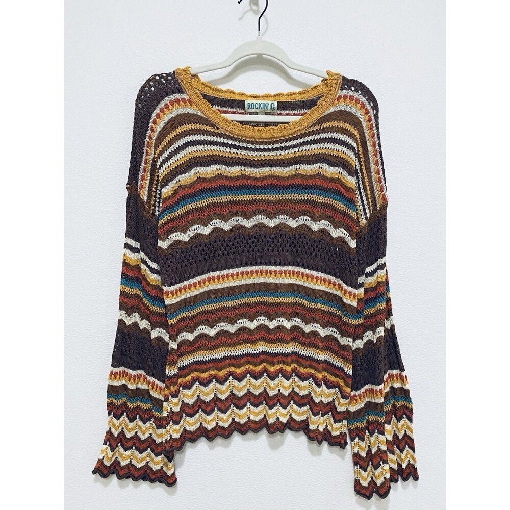 Rockin C Sweater Womens Large Crochet Striped Pointelle Bell Sleeve Western Boho
